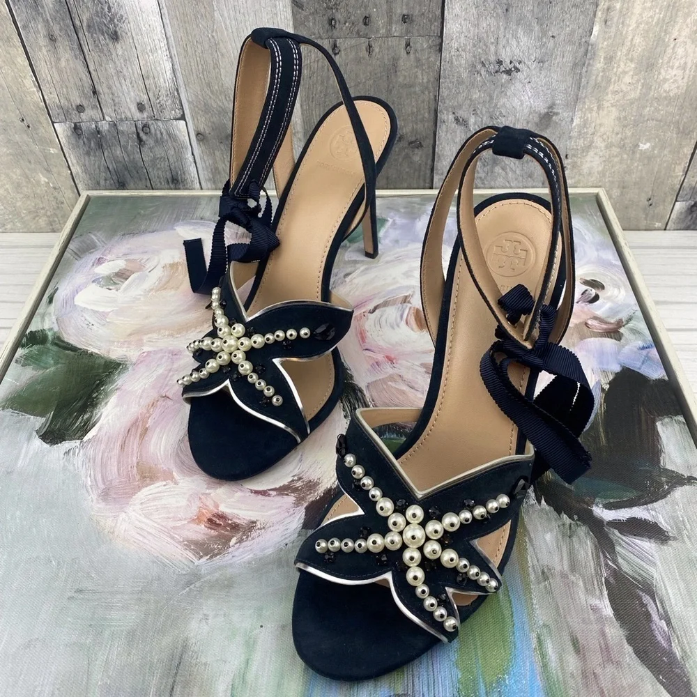 Tory Burch Sea Star Starfish Beaded Pearl Ribbon Tie Strappy Heels Size 10.